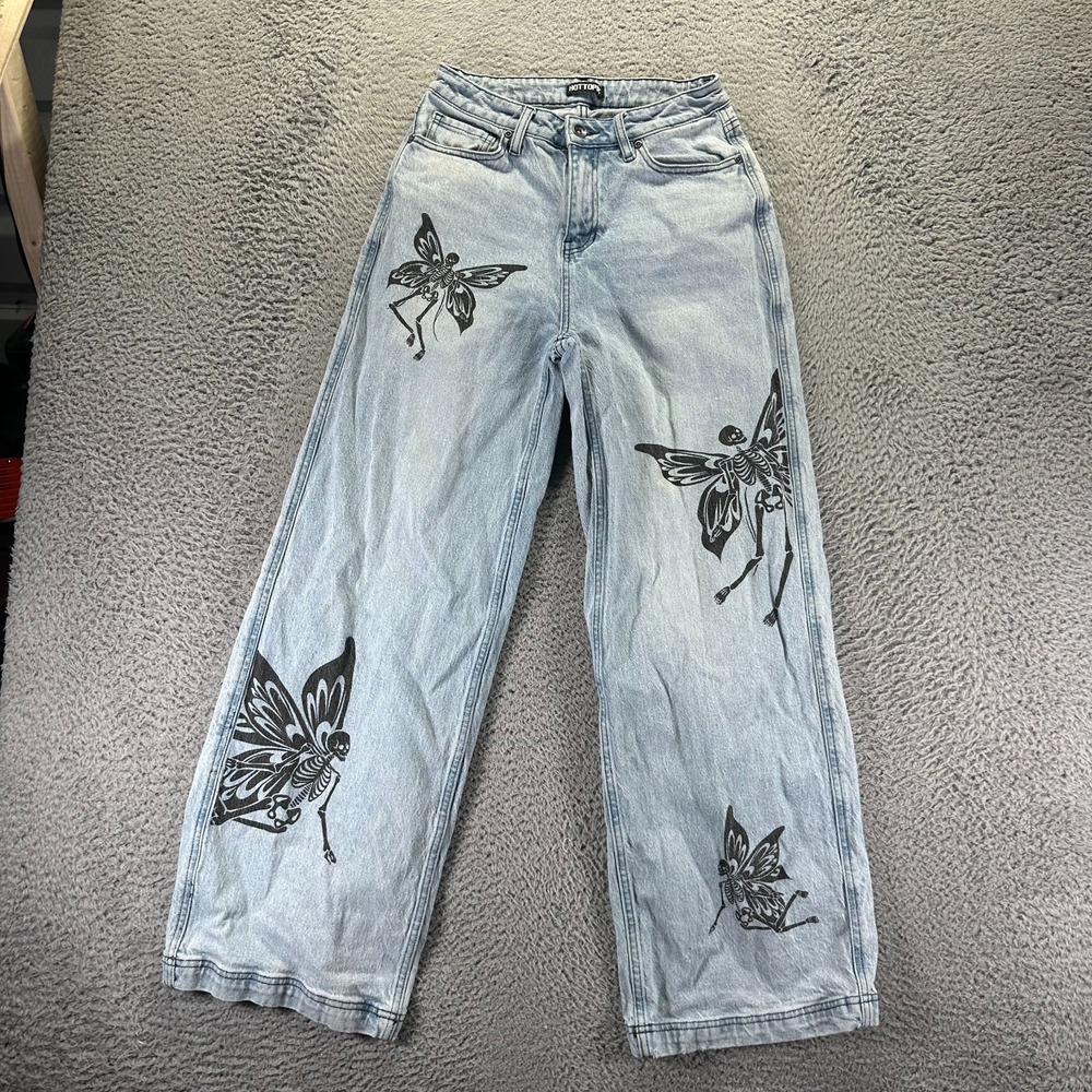 Hot Topic Jeans Women's 5 Blue Cotton Denim Wide-Leg Skeleton Fairy Stretch